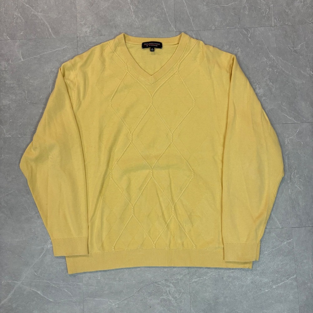 Roundtree & Yorke Mens XL Yellow V-Neck Diamond Cable Knit Pullover Sweater